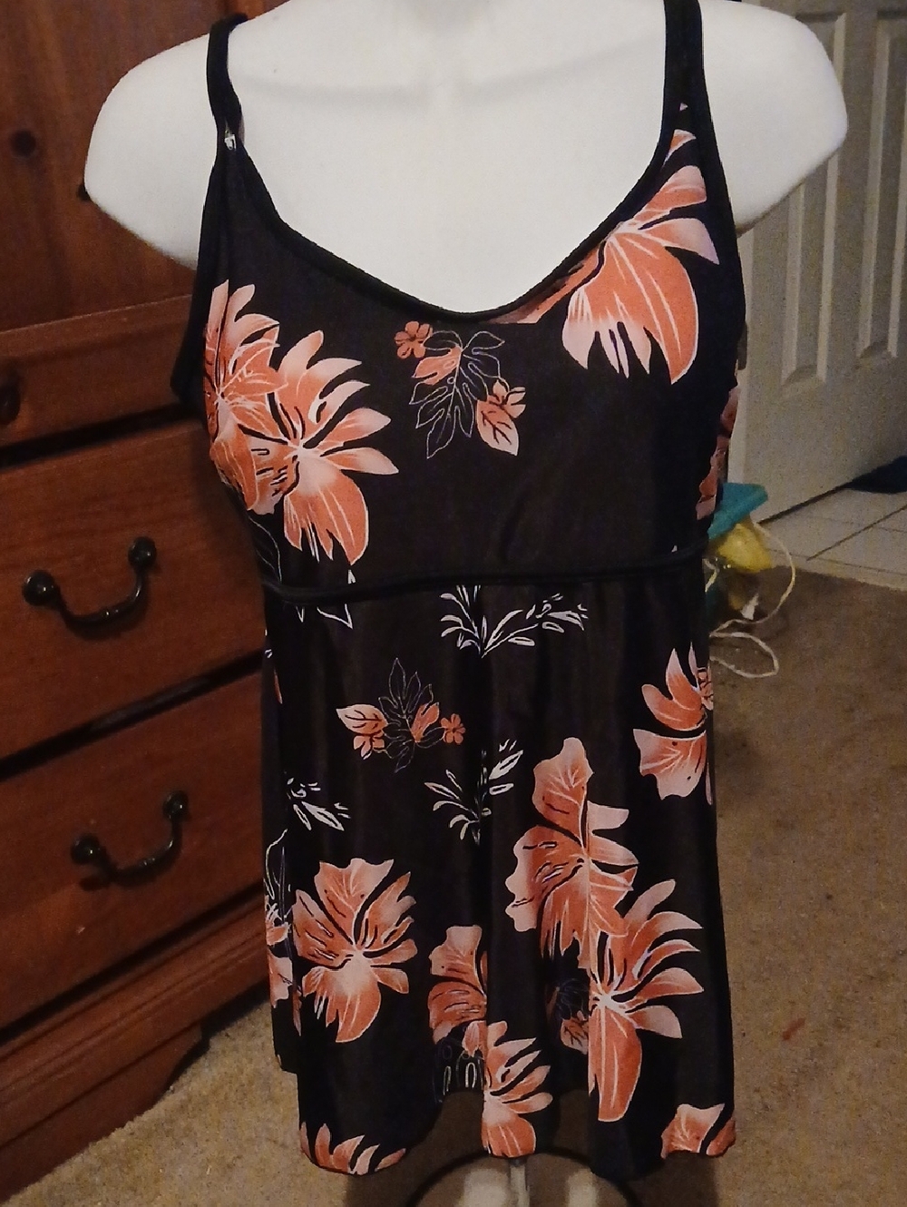 Black Floral Slip Dress with Peach Blooms